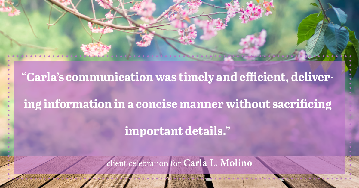 Testimonial for real estate agent Carla L. Molino with Coldwell Banker Realty in San Diego, CA: "Carla's communication was timely and efficient, delivering information in a concise manner without sacrificing important details."