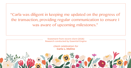 Testimonial for real estate agent Carla L. Molino with Coldwell Banker Realty in San Diego, CA: "Carla was diligent in keeping me updated on the progress of the transaction, providing regular communication to ensure I was aware of upcoming milestones."