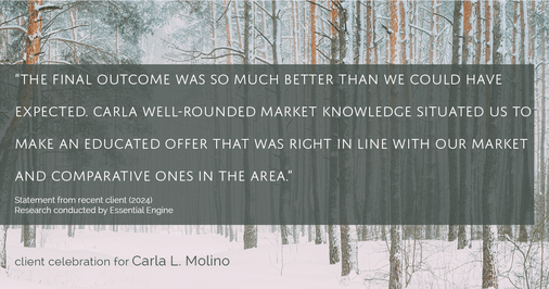 Testimonial for real estate agent Carla L. Molino with Coldwell Banker Realty in San Diego, CA: "The final outcome was so much better than we could have expected. Carla well-rounded market knowledge situated us to make an educated offer that was right in line with our market and comparative ones in the area."