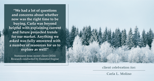 Testimonial for real estate agent Carla L. Molino with Coldwell Banker Realty in San Diego, CA: "We had a lot of questions and concerns about whether now was the right time to be buying. Carla was beyond helpful with explaining current and future projected trends for our market. Anything we asked was fully answered with a number of resources for us to explore as well!"