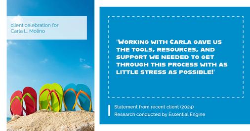 Testimonial for real estate agent Carla L. Molino with Coldwell Banker Realty in San Diego, CA: "Working with Carla gave us the tools, resources, and support we needed to get through this process with as little stress as possible!"