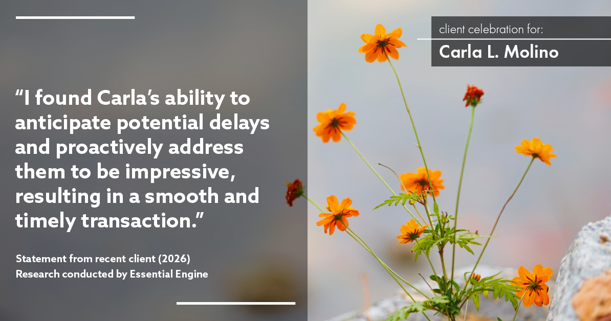 Testimonial for real estate agent Carla L. Molino with Coldwell Banker Realty in San Diego, CA: "I found Carla's ability to anticipate potential delays and proactively address them to be impressive, resulting in a smooth and timely transaction."