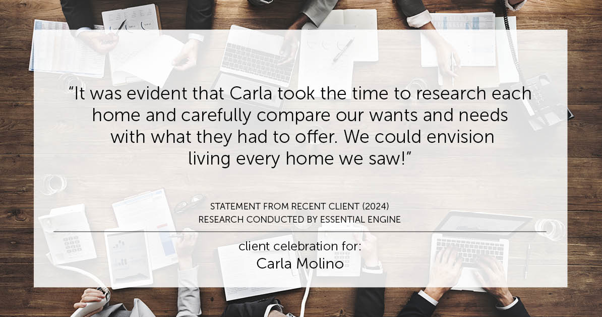 Testimonial for real estate agent Carla L. Molino with Coldwell Banker Realty in San Diego, CA: "It was evident that Carla took the time to research each home and carefully compare our wants and needs with what they had to offer. We could envision living every home we saw!"