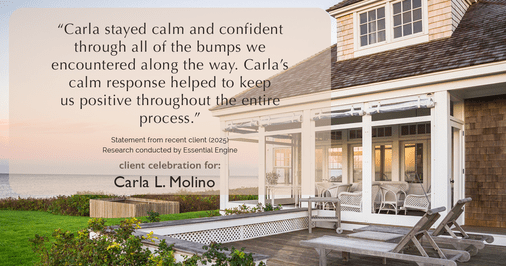 Testimonial for real estate agent Carla L. Molino with Coldwell Banker Realty in San Diego, CA: "Carla stayed calm and confident through all of the bumps we encountered along the way. Carla's calm response helped to keep us positive throughout the entire process."