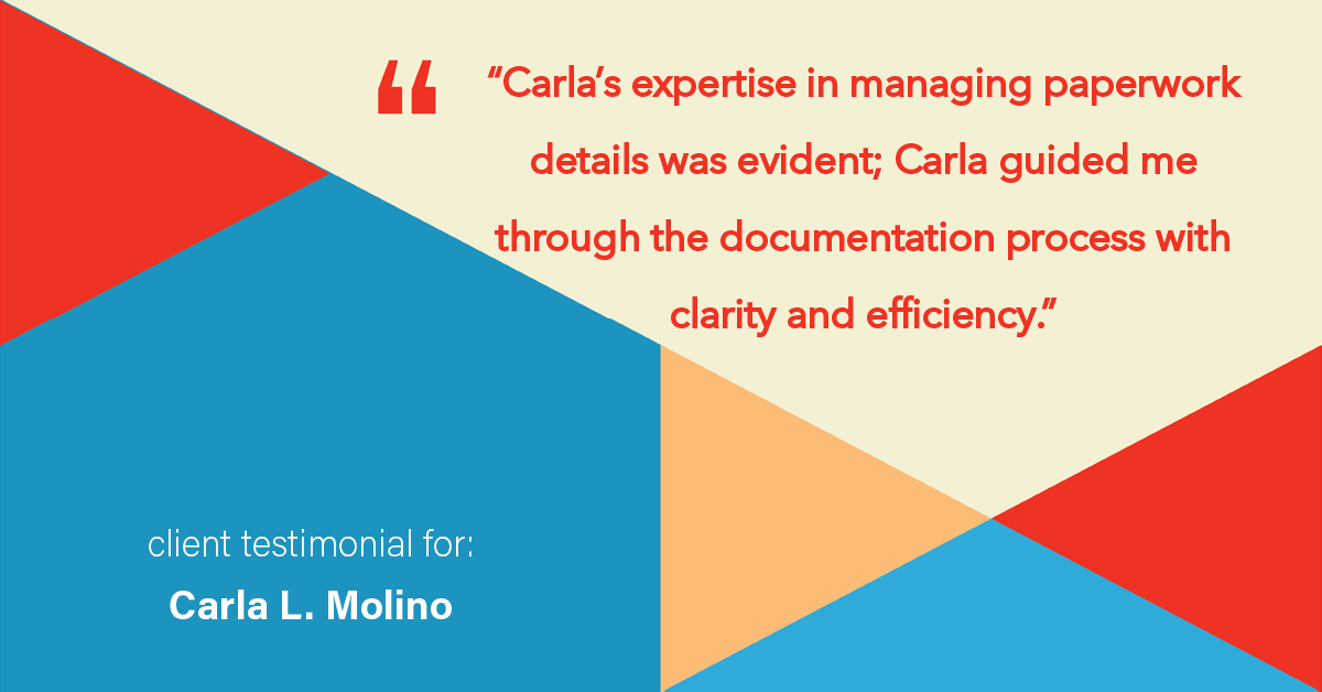 Testimonial for real estate agent Carla L. Molino with Coldwell Banker Realty in San Diego, CA: "Carla's expertise in managing paperwork details was evident; Carla guided me through the documentation process with clarity and efficiency."