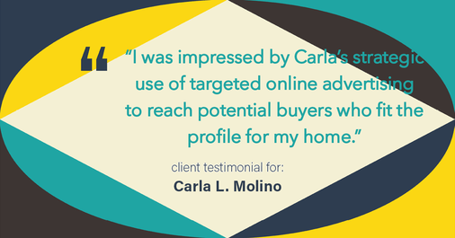 Testimonial for real estate agent Carla L. Molino with Coldwell Banker Realty in San Diego, CA: "I was impressed by Carla's strategic use of targeted online advertising to reach potential buyers who fit the profile for my home."