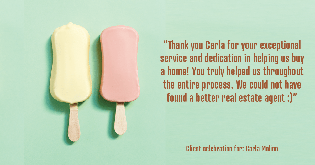Testimonial for real estate agent Carla L. Molino with Coldwell Banker Realty in San Diego, CA: "Thank you Carla for your exceptional service and dedication in helping us buy a home! You truly helped us throughout the entire process. We could not have found a better real estate agent :)"