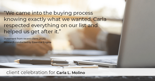 Testimonial for real estate agent Carla L. Molino with Coldwell Banker Realty in San Diego, CA: "We came into the buying process knowing exactly what we wanted. Carla respected everything on our list and helped us get after it."
