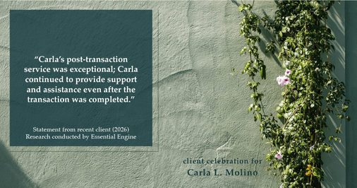 Testimonial for real estate agent Carla L. Molino with Coldwell Banker Realty in San Diego, CA: "Carla's post-transaction service was exceptional; Carla continued to provide support and assistance even after the transaction was completed."