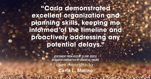 Testimonial for real estate agent Carla L. Molino with Coldwell Banker Realty in San Diego, CA: "Carla demonstrated excellent organization and planning skills, keeping me informed of the timeline and proactively addressing any potential delays."