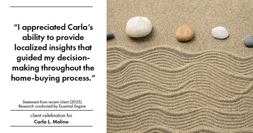 Testimonial for real estate agent Carla L. Molino with Coldwell Banker Realty in San Diego, CA: "I appreciated Carla's ability to provide localized insights that guided my decision-making throughout the home-buying process."