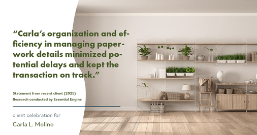 Testimonial for real estate agent Carla L. Molino with Coldwell Banker Realty in San Diego, CA: "Carla's organization and efficiency in managing paperwork details minimized potential delays and kept the transaction on track."