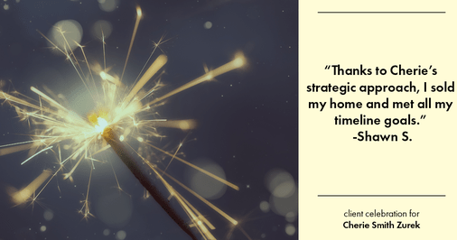 Testimonial for real estate agent Cherie Smith Zurek with RE/MAX in Lake Zurich, IL: "Thanks to Cherie's strategic approach, I sold my home and met all my timeline goals."