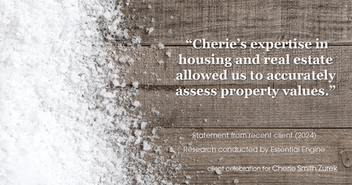 Testimonial for real estate agent Cherie Smith Zurek with RE/MAX in Lake Zurich, IL: "Cherie's expertise in housing and real estate allowed us to accurately assess property values."