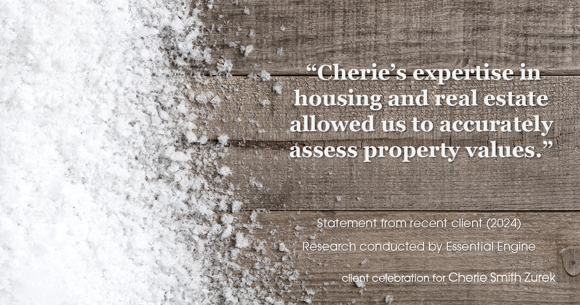 Testimonial for real estate agent Cherie Smith Zurek with RE/MAX in Lake Zurich, IL: "Cherie's expertise in housing and real estate allowed us to accurately assess property values."