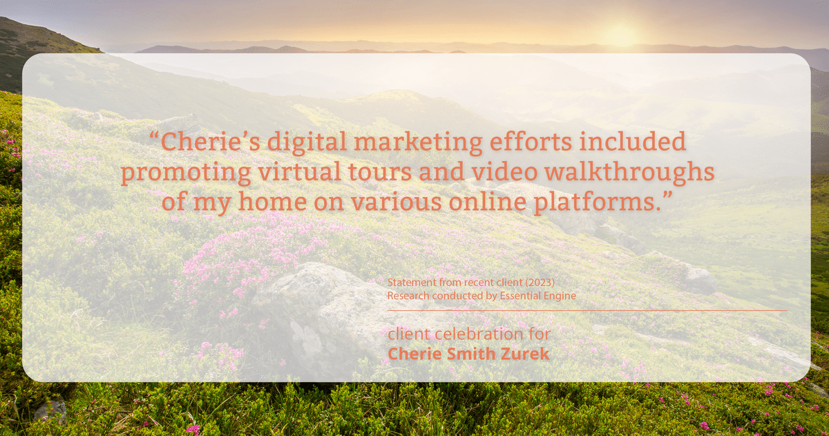 Testimonial for real estate agent Cherie Smith Zurek with RE/MAX in Lake Zurich, IL: "Cherie's digital marketing efforts included promoting virtual tours and video walkthroughs of my home on various online platforms."