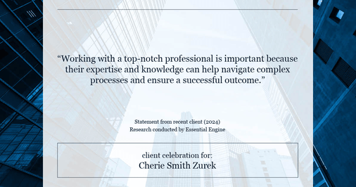 Testimonial for real estate agent Cherie Smith Zurek with RE/MAX in Lake Zurich, IL: "Working with a top-notch professional is important because their expertise and knowledge can help navigate complex processes and ensure a successful outcome."