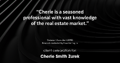 Testimonial for real estate agent Cherie Smith Zurek with RE/MAX in Lake Zurich, IL: "Cherie is a seasoned professional with vast knowledge of the real estate market."