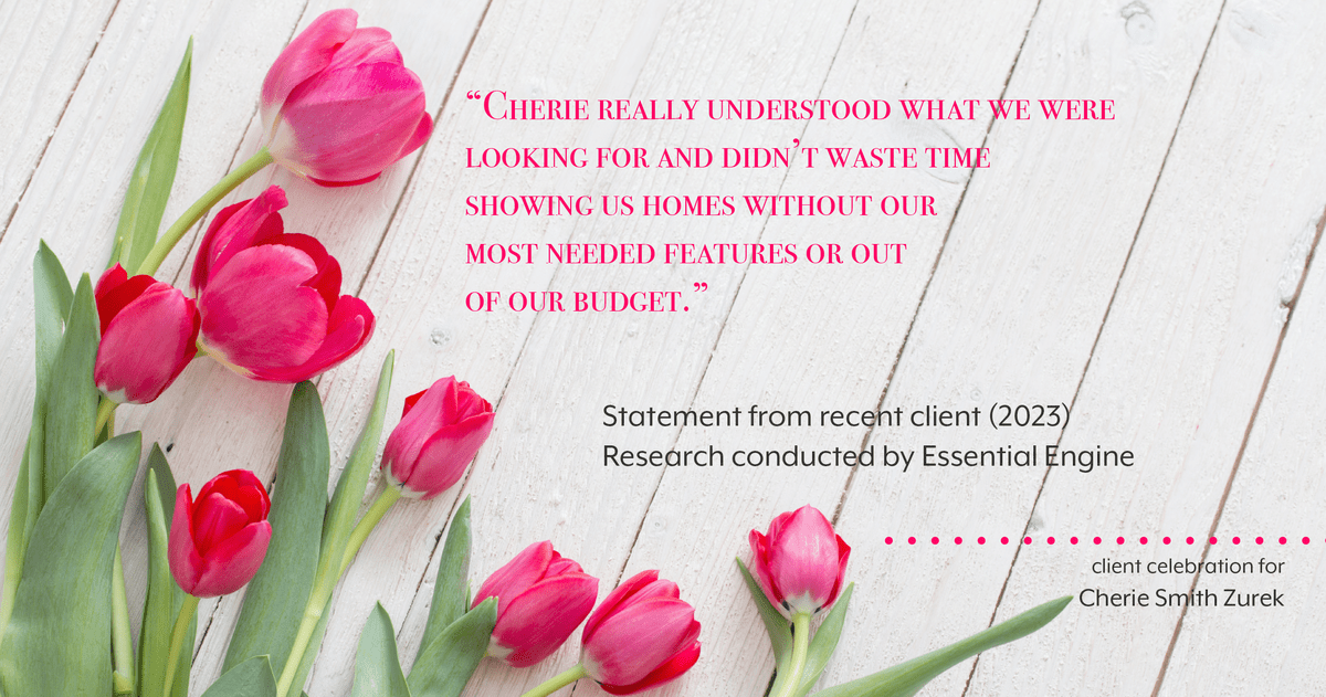 Testimonial for real estate agent Cherie Smith Zurek with RE/MAX in Lake Zurich, IL: "Cherie really understood what we were looking for and didn't waste time showing us homes without our most needed features or out of our budget."