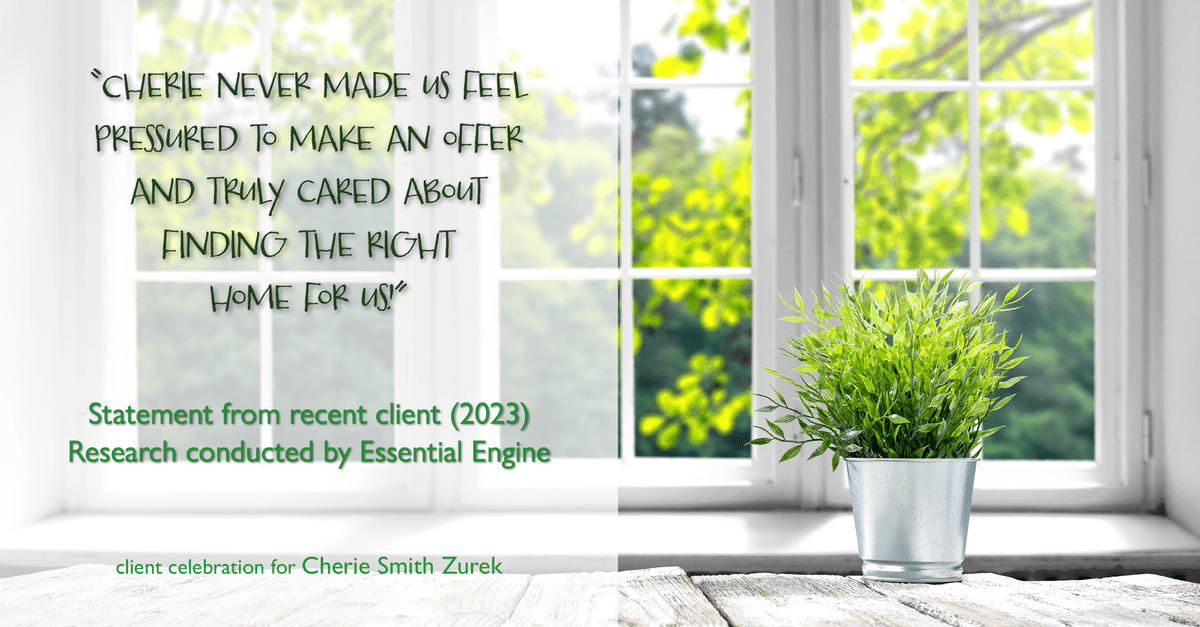 Testimonial for real estate agent Cherie Smith Zurek with RE/MAX in Lake Zurich, IL: "Cherie never made us feel pressured to make an offer and truly cared about finding the right home for us!"