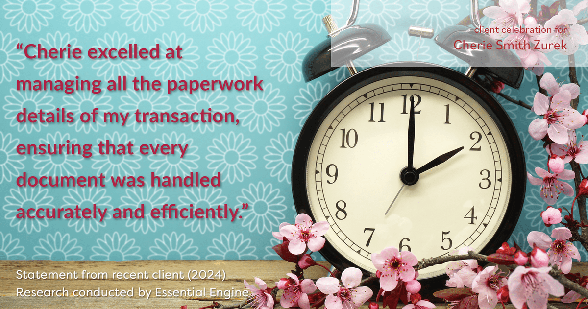 Testimonial for real estate agent Cherie Smith Zurek with RE/MAX in Lake Zurich, IL: "Cherie excelled at managing all the paperwork details of my transaction, ensuring that every document was handled accurately and efficiently."