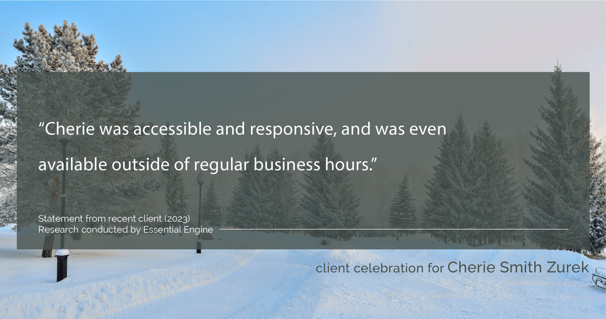 Testimonial for real estate agent Cherie Smith Zurek with RE/MAX in Lake Zurich, IL: "Cherie was accessible and responsive, and was even available outside of regular business hours."