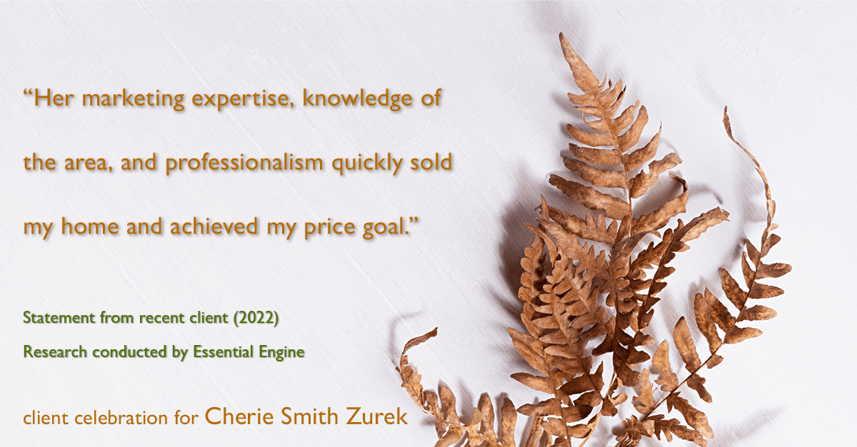 Testimonial for real estate agent Cherie Smith Zurek with RE/MAX in Lake Zurich, IL: "Her marketing expertise, knowledge of the area, and professionalism quickly sold my home and achieved my price goal."