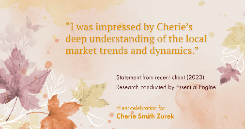 Testimonial for real estate agent Cherie Smith Zurek with RE/MAX in Lake Zurich, IL: "I was impressed by Cherie's deep understanding of the local market trends and dynamics."