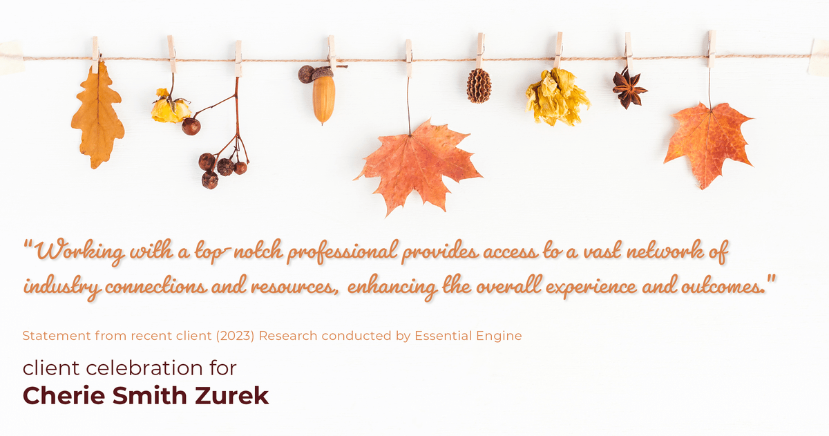 Testimonial for real estate agent Cherie Smith Zurek with RE/MAX in Lake Zurich, IL: "Working with a top-notch professional provides access to a vast network of industry connections and resources, enhancing the overall experience and outcomes."