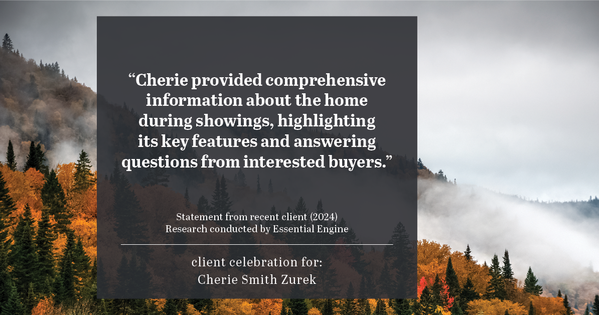 Testimonial for real estate agent Cherie Smith Zurek with RE/MAX in Lake Zurich, IL: "Cherie provided comprehensive information about the home during showings, highlighting its key features and answering questions from interested buyers."