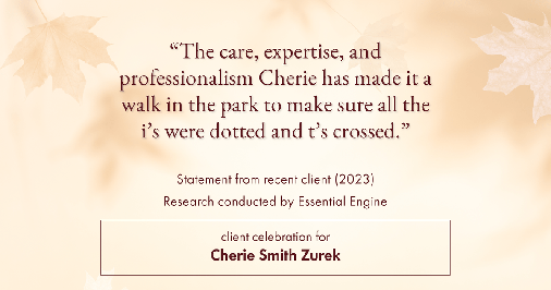 Testimonial for real estate agent Cherie Smith Zurek with RE/MAX in Lake Zurich, IL: "The care, expertise, and professionalism Cherie has made it a walk in the park to make sure all the i's were dotted and t's crossed."