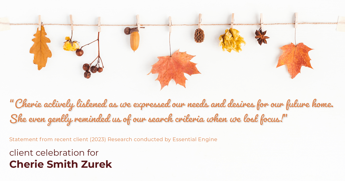 Testimonial for real estate agent Cherie Smith Zurek with RE/MAX in Lake Zurich, IL: "Cherie actively listened as we expressed our needs and desires for our future home. She even gently reminded us of our search criteria when we lost focus!"