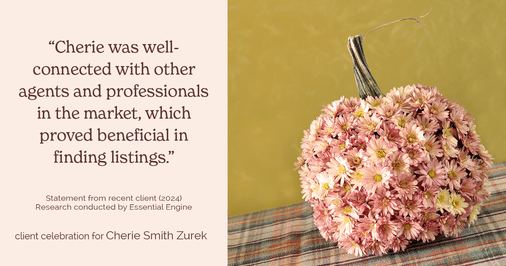 Testimonial for real estate agent Cherie Smith Zurek with RE/MAX in Lake Zurich, IL: "Cherie was well-connected with other agents and professionals in the market, which proved beneficial in finding listings."