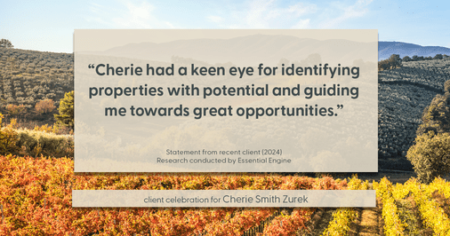 Testimonial for real estate agent Cherie Smith Zurek with RE/MAX in Lake Zurich, IL: "Cherie had a keen eye for identifying properties with potential and guiding me towards great opportunities."