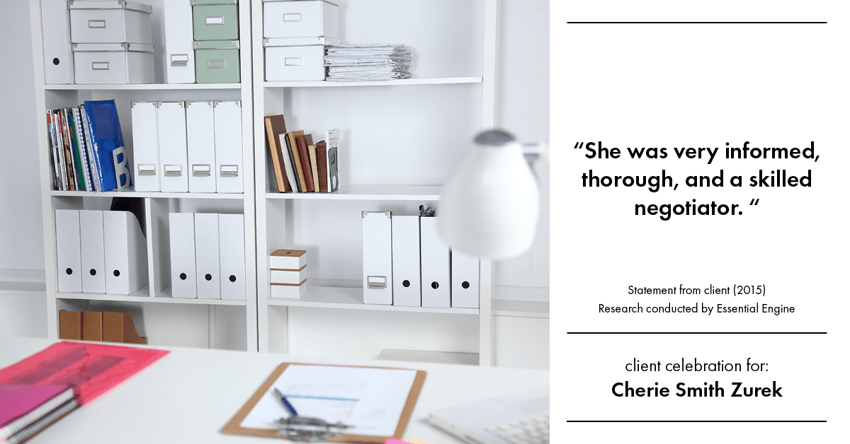 Testimonial for real estate agent Cherie Smith Zurek with RE/MAX in Lake Zurich, IL: "She was very informed, thorough, and a skilled negotiator. "