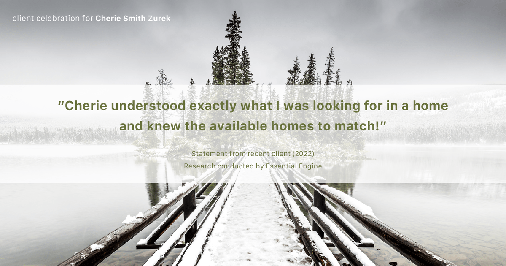 Testimonial for real estate agent Cherie Smith Zurek with RE/MAX in Lake Zurich, IL: "Cherie understood exactly what I was looking for in a home and knew the available homes to match!"
