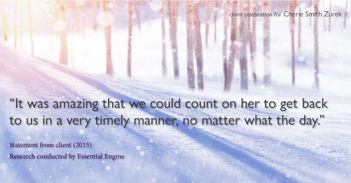 Testimonial for real estate agent Cherie Smith Zurek with RE/MAX in Lake Zurich, IL: "It was amazing that we could count on her to get back to us in a very timely manner, no matter what the day."