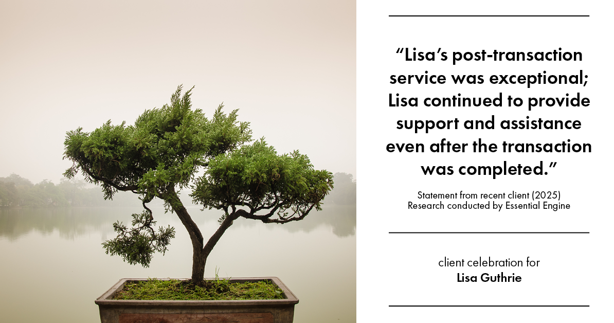 Testimonial for real estate agent Lisa Guthrie with Keller Williams Preferred Realty in , : "Lisa's post-transaction service was exceptional; Lisa continued to provide support and assistance even after the transaction was completed."