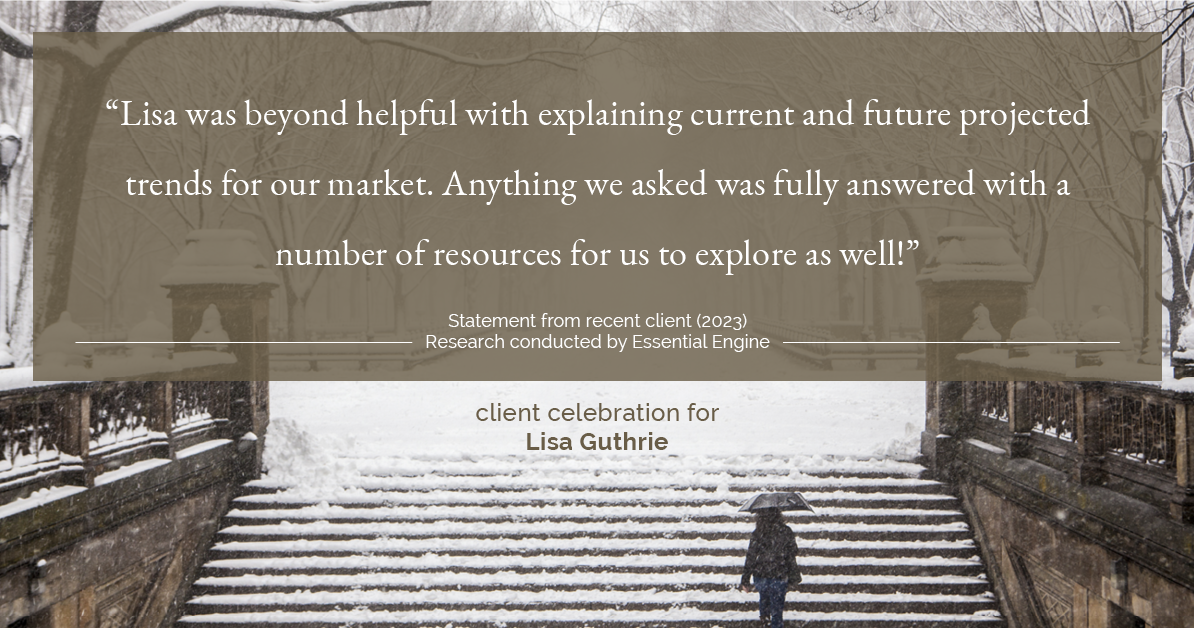 Testimonial for real estate agent Lisa Guthrie with Keller Williams Preferred Realty in , : "Lisa was beyond helpful with explaining current and future projected trends for our market. Anything we asked was fully answered with a number of resources for us to explore as well!"