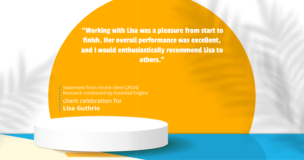 Testimonial for real estate agent Lisa Guthrie with Keller Williams Preferred Realty in , : "Working with Lisa was a pleasure from start to finish. Her overall performance was excellent, and I would enthusiastically recommend Lisa to others."