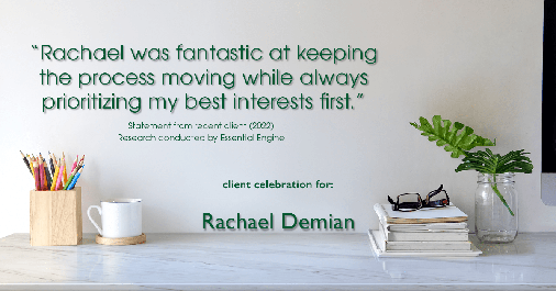 Testimonial for professional Rachael Demian with Signature Realty in Parker, CO: "Rachael was fantastic at keeping the process moving while always prioritizing my best interests first."