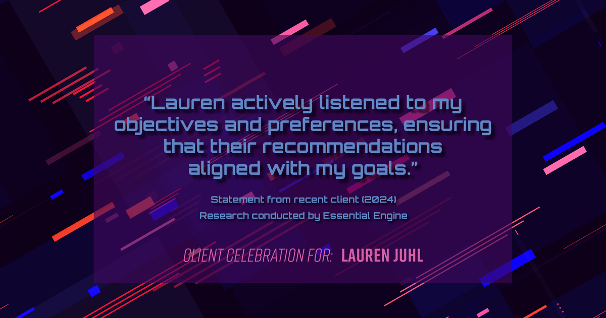 Testimonial for mortgage professional Lauren Juhl with Excel Mortgage Brokers in Fort Collins, CO: "Lauren actively listened to my objectives and preferences, ensuring that their recommendations aligned with my goals."