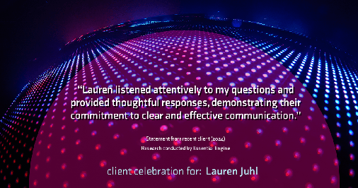 Testimonial for mortgage professional Lauren Juhl with Excel Mortgage Brokers in Fort Collins, CO: "Lauren listened attentively to my questions and provided thoughtful responses, demonstrating their commitment to clear and effective communication."
