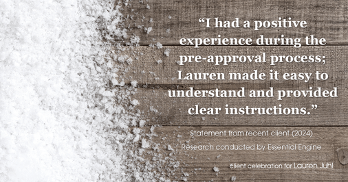 Testimonial for mortgage professional Lauren Juhl with Excel Mortgage Brokers in Fort Collins, CO: "I had a positive experience during the pre-approval process; Lauren made it easy to understand and provided clear instructions."