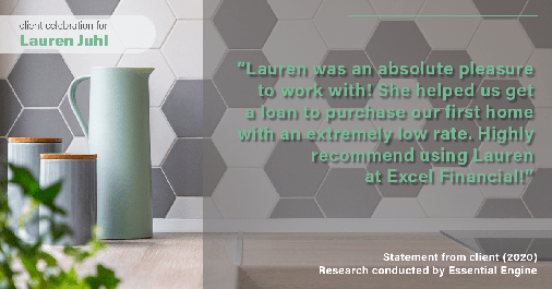 Testimonial for mortgage professional Lauren Juhl in Ft Collins, CO: "Lauren was an absolute pleasure to work with! She helped us get a loan to purchase our first home with an extremely low rate. Highly recommend using Lauren at Excel Financial!"
