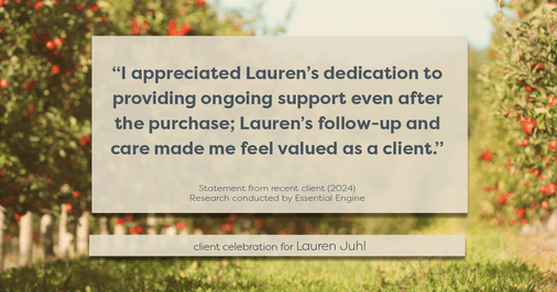 Testimonial for mortgage professional Lauren Juhl with Excel Mortgage Brokers in Fort Collins, CO: "I appreciated Lauren's dedication to providing ongoing support even after the purchase; Lauren's follow-up and care made me feel valued as a client."