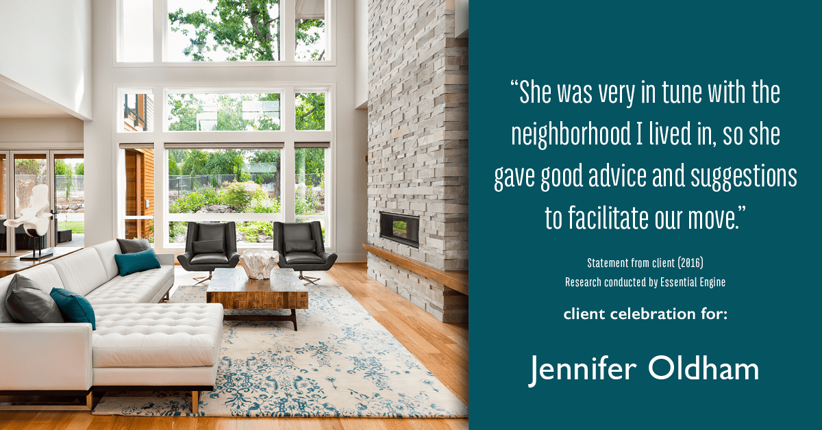 Testimonial for real estate agent Jennifer Oldham with Coldwell Banker Realty in Englewood, CO: "She was very in tune with the neighborhood I lived in, so she gave good advice and suggestions to facilitate our move."