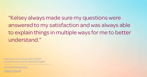 Testimonial for real estate agent Kelsey Davis with Elsie Halbert Real Estate LLC in Kaufman, TX: "Kelsey always made sure my questions were answered to my satisfaction and was always able to explain things in multiple ways for me to better understand."