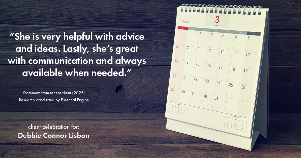 Testimonial for real estate agent Deb Connor Lisbon Chairman's Circle Gold, Realtor, GRI, SRES, ABR with BHHS Fox and Roach Realtors in , : "She is very helpful with advice and ideas. Lastly, she's great with communication and always available when needed."