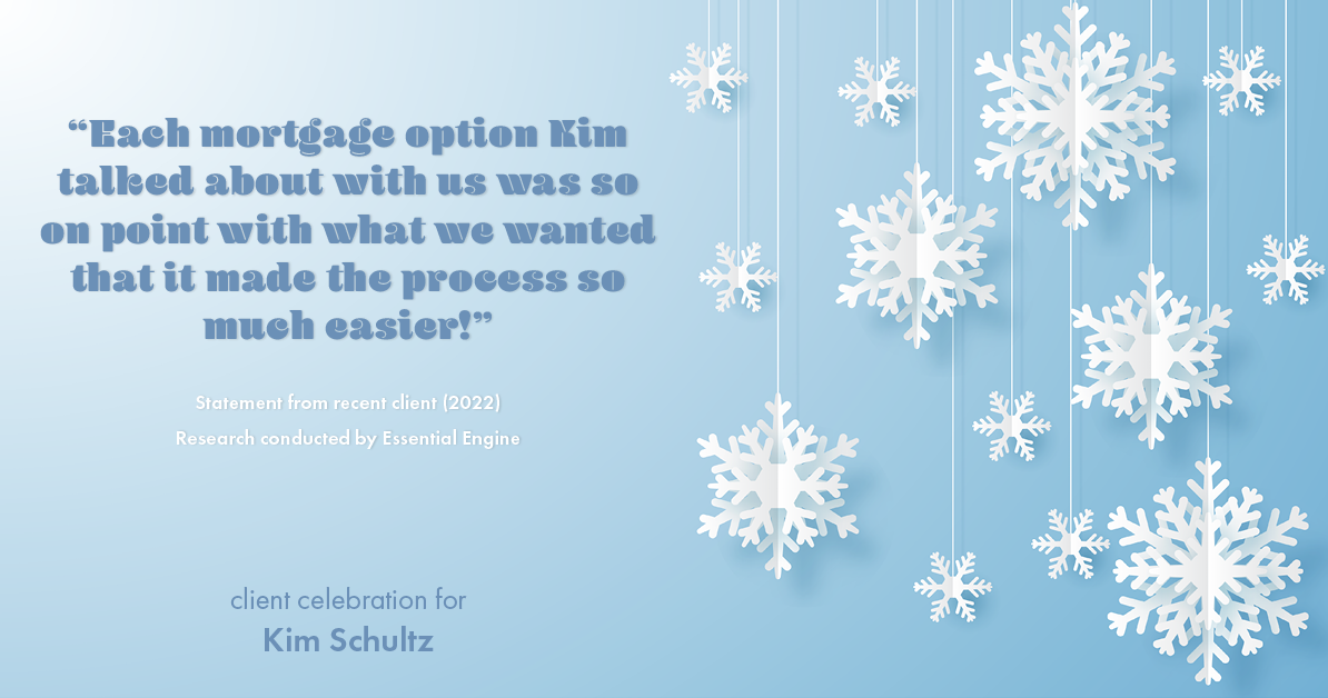 Testimonial for mortgage professional Kim Schultz with First Bank Mortgage in Overland Park, KS: "Each mortgage option Kim talked about with us was so on point with what we wanted that it made the process so much easier!"